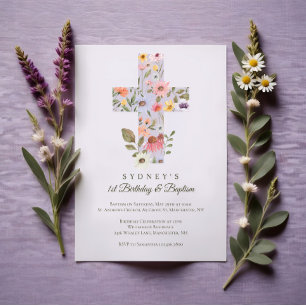 Invitación Watercolor Cruz de Flor Silvestre Primer Bautismo