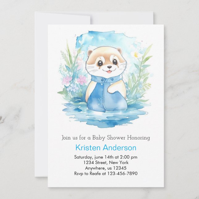 Invitación Watercolor Cubo Bebé Otter Boy Shower (Anverso)