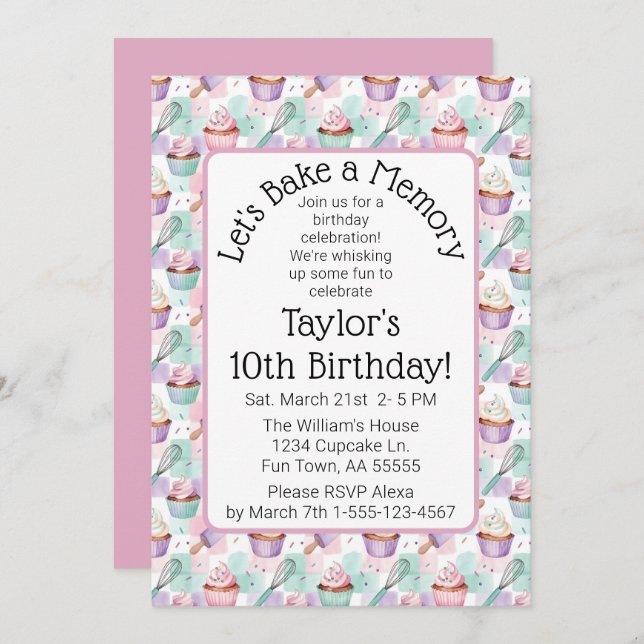 Invitación Watercolor Cupcake Birthday Let's Bake a Memory (Anverso / Reverso)