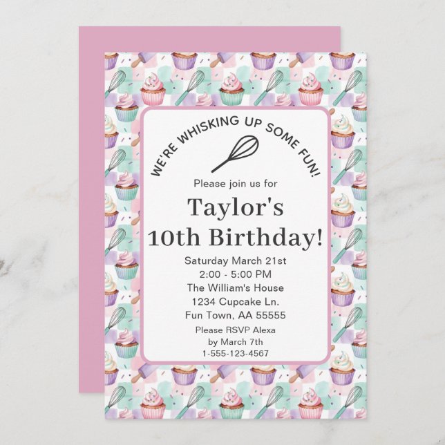 Invitación Watercolor Cupcake Birthday Whisk Up Some Fun (Anverso / Reverso)