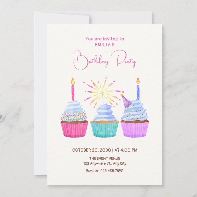 Invitación Watercolor cupcakes birthday (Anverso)