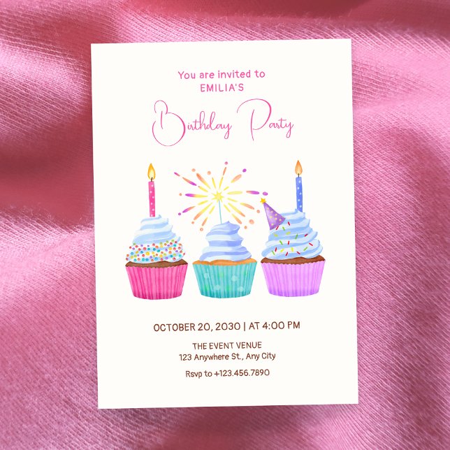 Invitación Watercolor cupcakes birthday (Subido por el creador)