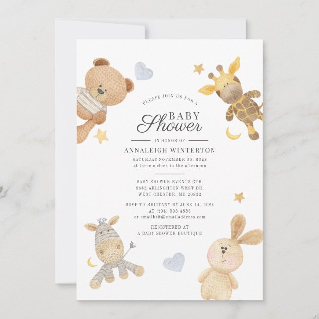 Invitación Watercolor Cute Animals Baby Shower moderno (Anverso)