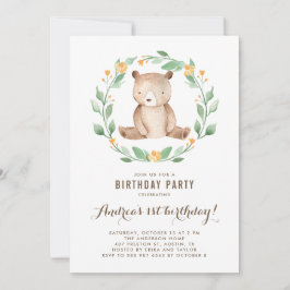 Invitación Watercolor Cute Baby Bear Woodland Primer cumpleañ