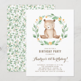 Invitación Watercolor Cute Baby Bear Woodland Primer cumpleañ