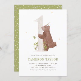 Invitación Watercolor Cute Bear Woodland Primera fiesta de cu