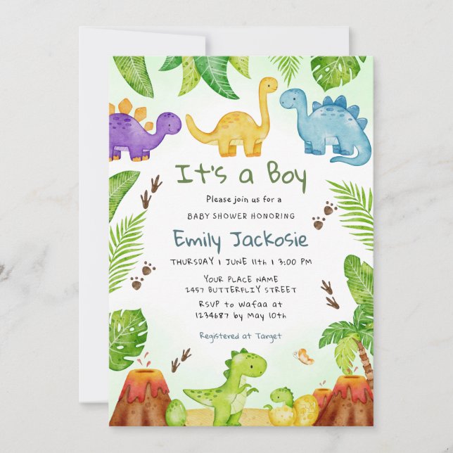 Invitación Watercolor Cute Boho Dinosaur Green Boy Baby (Anverso)