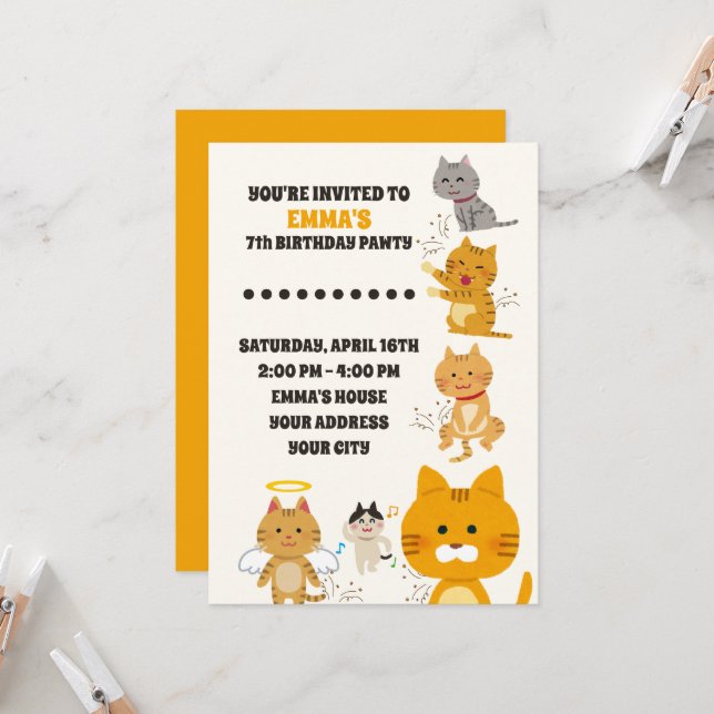 Invitación Watercolor Cute Cats Birthday (Anverso/Reverso In Situ)