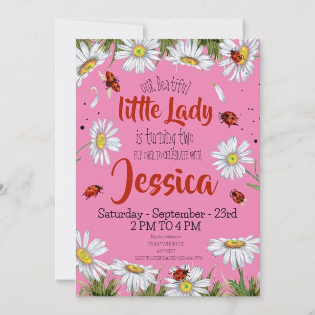 Invitación Watercolor Cute Cumpleaños Chica Ladybug (Anverso)