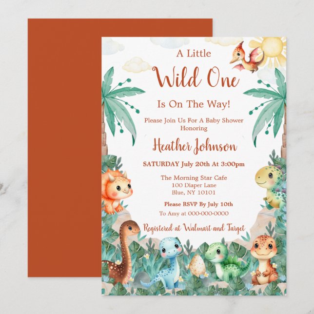 Invitación Watercolor Cute Dinosaur Boy Baby Shower (Anverso / Reverso)