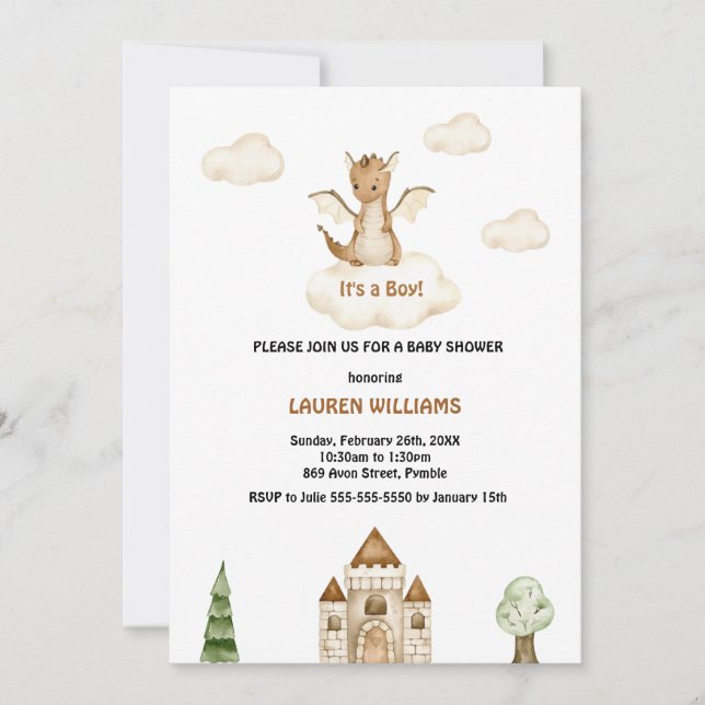 Invitación Watercolor Cute Dinosaur Boy Baby Shower (Anverso)