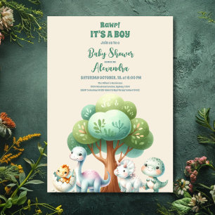 Invitación Watercolor Cute Dinosaur Greeneration Boy Baby Sho