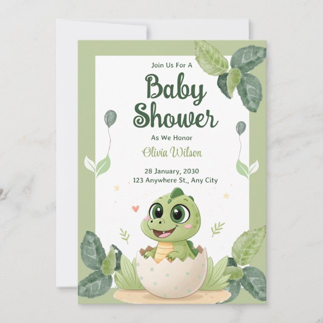 Invitación Watercolor Cute Dinosaur Greenery Boy Baby Shower (Anverso)