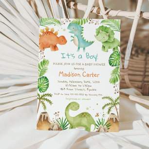 Invitación Watercolor Cute Dinosaur Greenery Boy Baby Shower