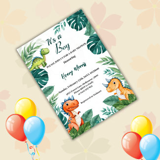 Invitación Watercolor Cute Dinosaur Greenery Boy Baby Shower