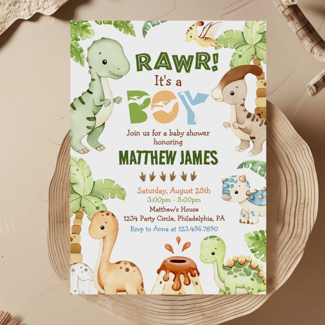 Invitación Watercolor Cute Dinosaur Greenery Boy Baby Shower (Subido por el creador)