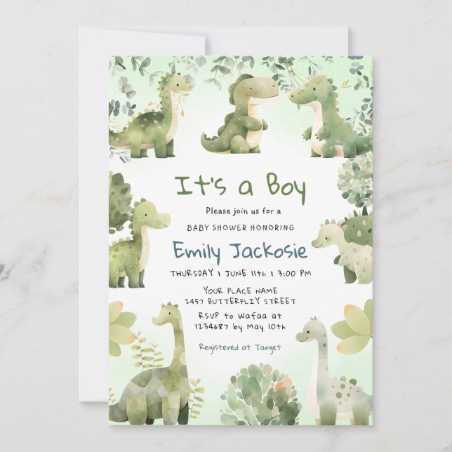 Invitación Watercolor Cute Dinosaur Greenery Boy Baby Shower (Anverso)