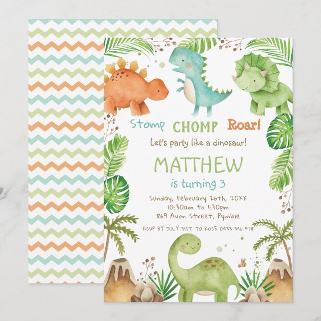 Invitación Watercolor Cute Dinosaur Greenery Boy Cumpleaños (Anverso / Reverso)