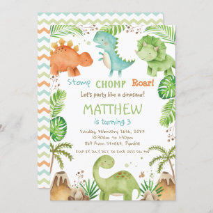 Invitación Watercolor Cute Dinosaur Greenery Boy Cumpleaños
