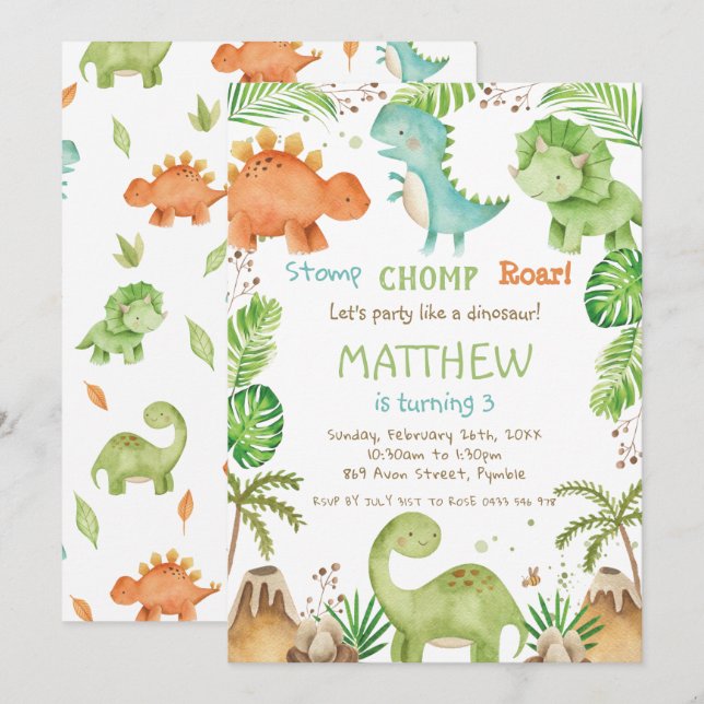 Invitación Watercolor Cute Dinosaurios Greenery Boy Cumpleaño (Anverso / Reverso)