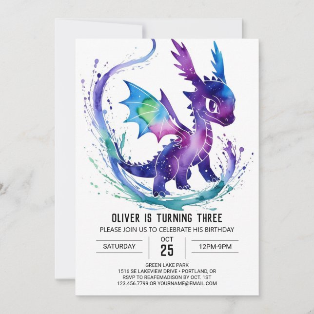 Invitación Watercolor Cute Dragon Digital Boy Cumpleaños (Anverso)