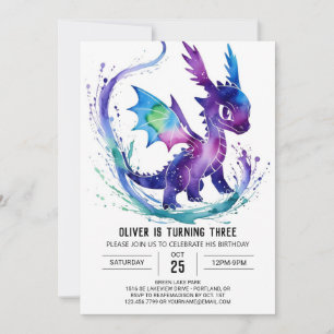 Invitación Watercolor Cute Dragon Digital Boy Cumpleaños