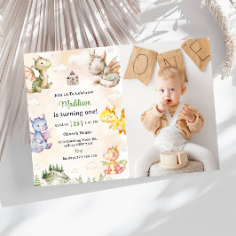 Invitación Watercolor Cute Dragon foto Fiesta de primer cumpl