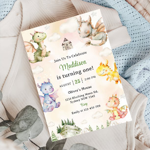 Invitación Watercolor Cute Dragon Primer Fiesta de cumpleaños