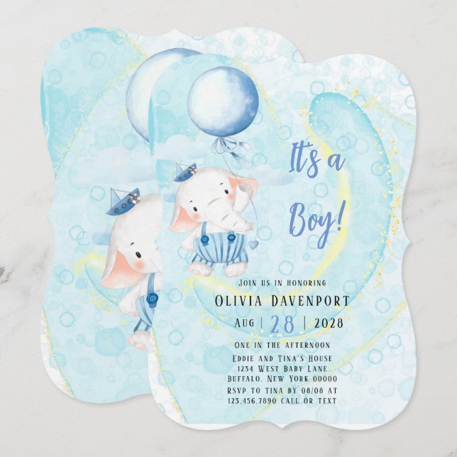 Invitación Watercolor Cute Elephant Nautical Boy Baby Shower (Anverso / Reverso)