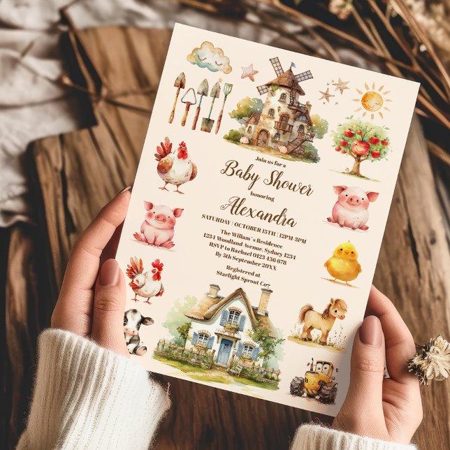 Invitación Watercolor Cute Farm Animals Barnyard Baby Shower (Subido por el creador)