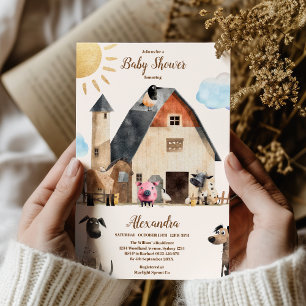 Invitación Watercolor Cute Farm Animals Barnyard Baby Shower