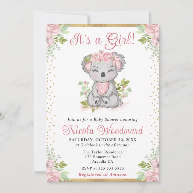 Invitación Watercolor Cute Floral Koala Chica Baby Shower (Anverso)