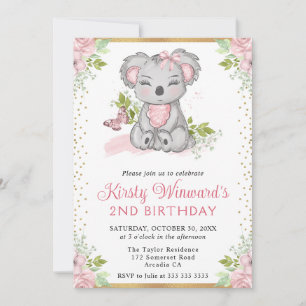 Invitación Watercolor Cute Floral Koala Chica Segundo cumplea