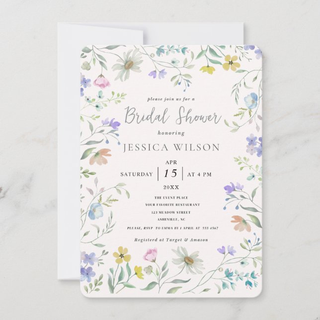 Invitación Watercolor Cute Floral Meadow Ducha de novias (Anverso)