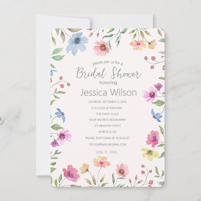 Invitación Watercolor Cute Floral Meadow Ducha de novias (Anverso)