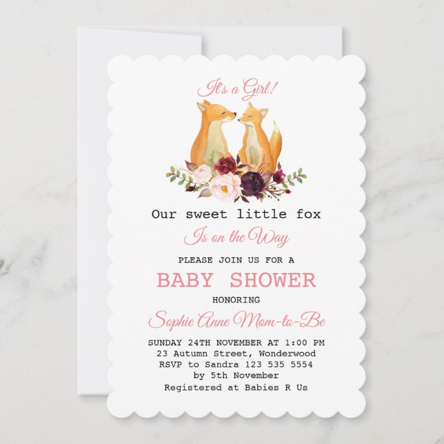Invitación Watercolor Cute Foxes Woodland Chica Baby Shower (Anverso)