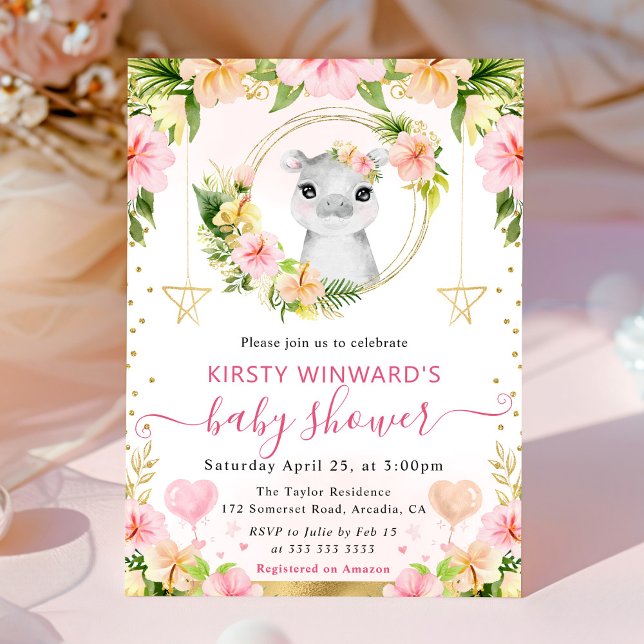 Invitación Watercolor Cute Jungla rosa Hippo Baby Shower (Subido por el creador)