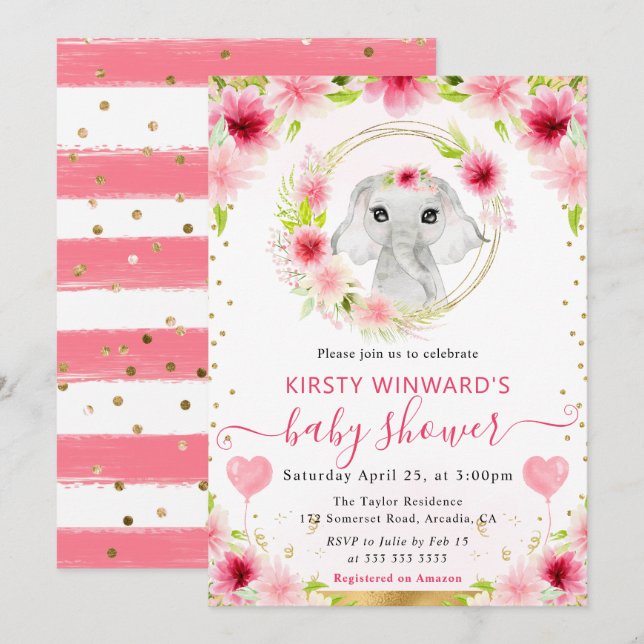 Invitación Watercolor Cute Jungle Elephant Baby Shower (Anverso / Reverso)