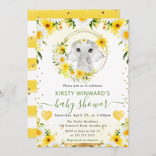 Invitación Watercolor Cute Jungle Elephant Baby Shower (Anverso / Reverso)