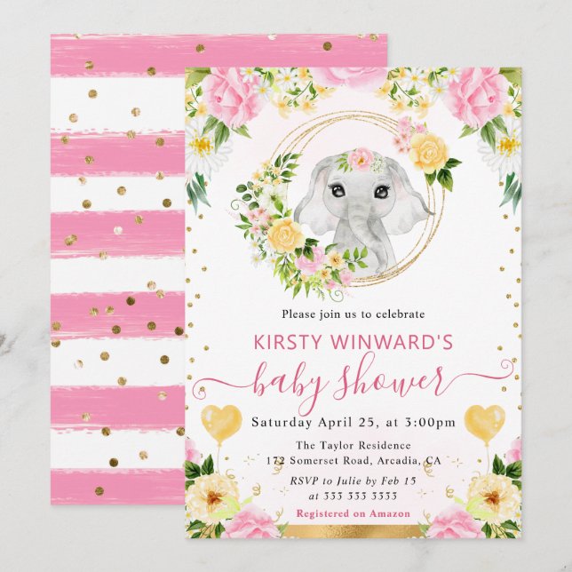 Invitación Watercolor Cute Jungle Elephant Baby Shower (Anverso / Reverso)