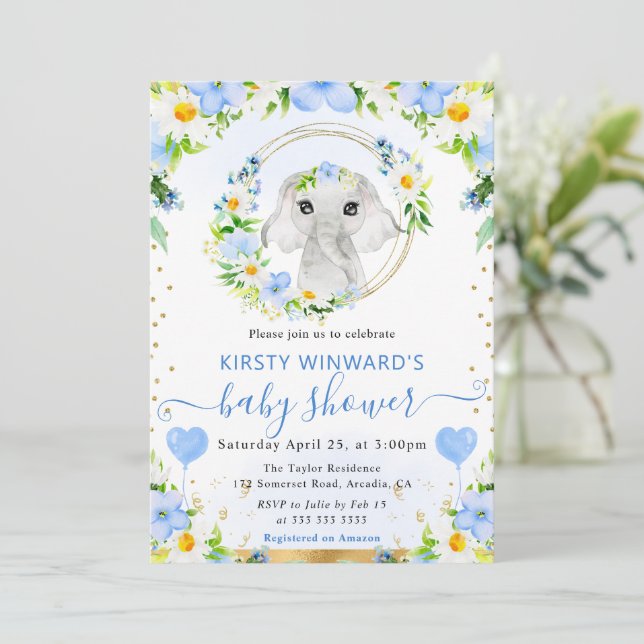 Invitación Watercolor Cute Jungle Elephant Baby Shower (Anverso de pie)
