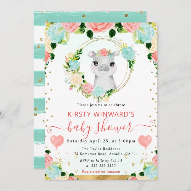 Invitación Watercolor Cute Jungle Hippo Baby Shower (Anverso / Reverso)