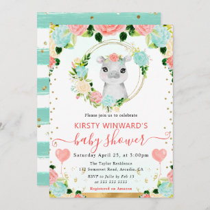 Invitación Watercolor Cute Jungle Hippo Baby Shower