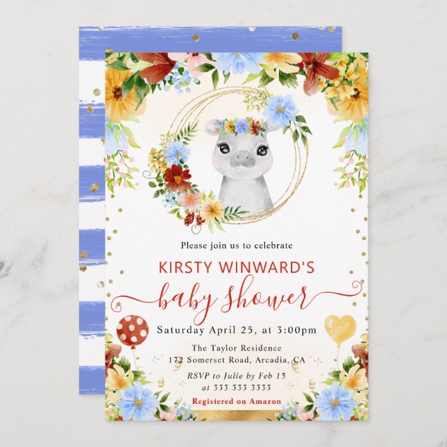 Invitación Watercolor Cute Jungle Hippo Baby Shower (Anverso / Reverso)