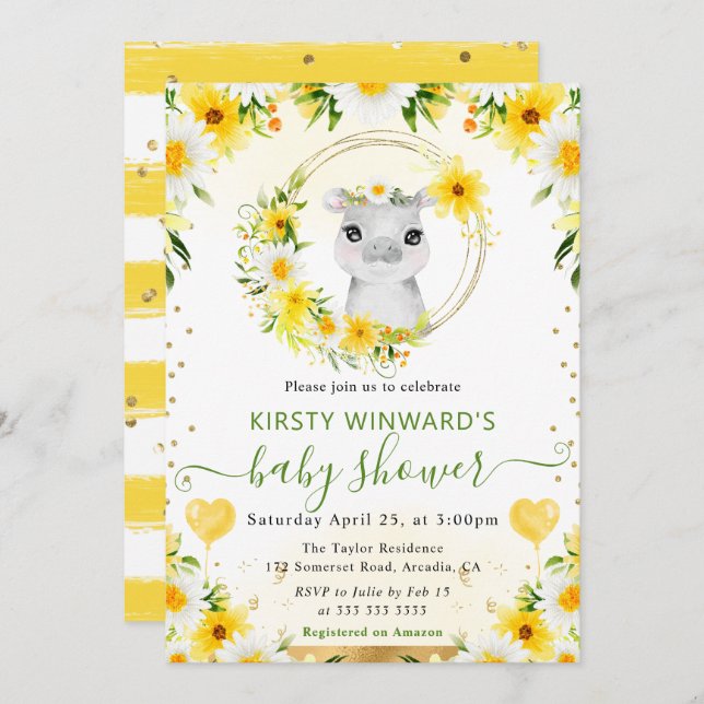 Invitación Watercolor Cute Jungle Hippo Baby Shower (Anverso / Reverso)