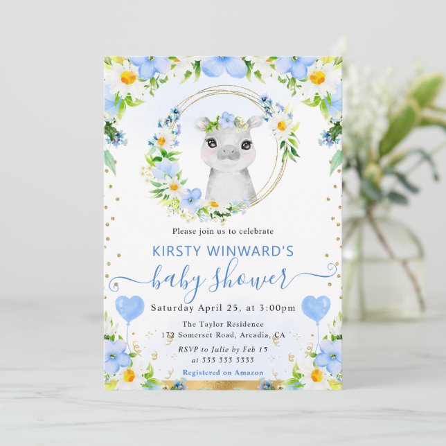 Invitación Watercolor Cute Jungle Hippo Baby Shower (Anverso de pie)