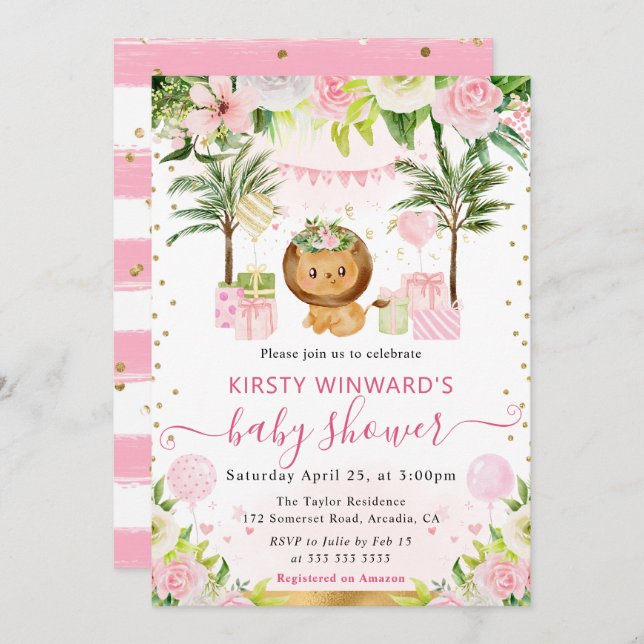 Invitación Watercolor Cute Jungle Lion Baby Shower (Anverso / Reverso)