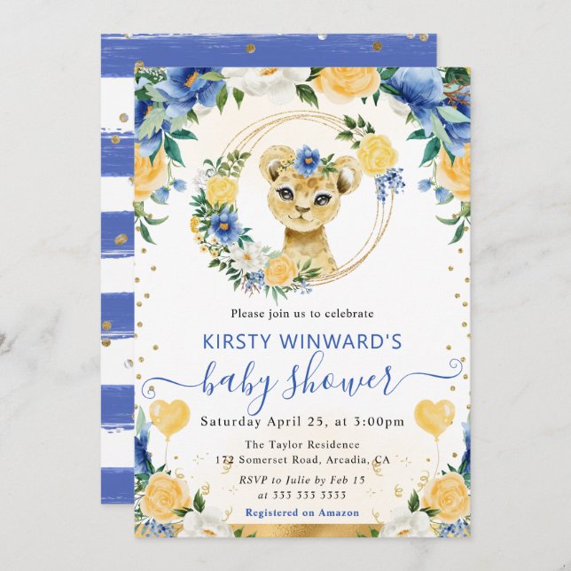 Invitación Watercolor Cute Jungle Lion Baby Shower (Anverso / Reverso)