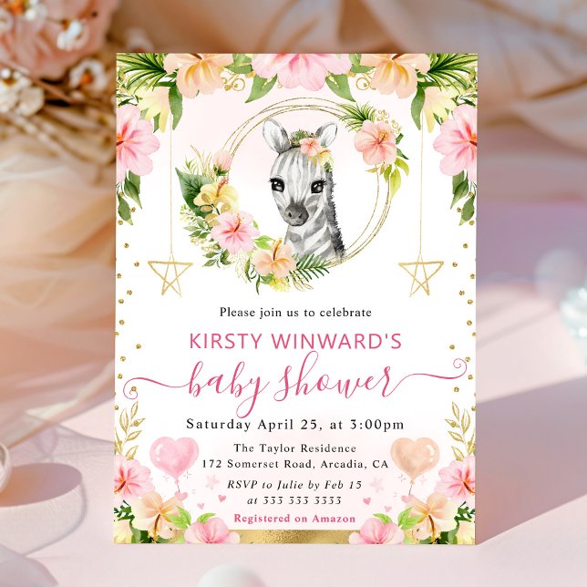 Invitación Watercolor Cute Jungle Rosa Zebra Baby Shower (Subido por el creador)