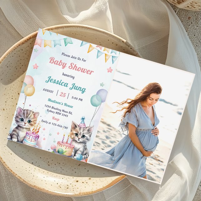 Invitación Watercolor Cute Kitty Cat Fiesta Foto (Subido por el creador)
